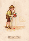 Petit gar&ccedil;on apportant des fleurs &agrave; mamie